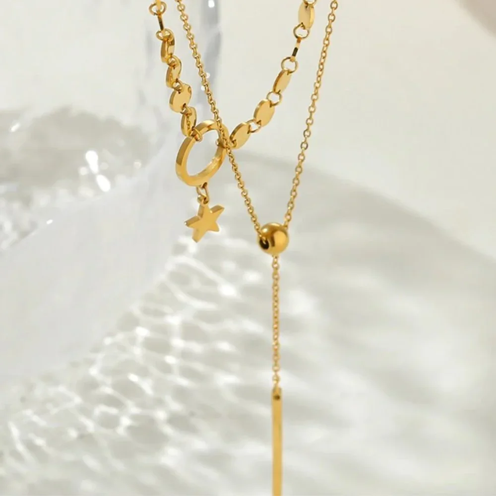 New 18K Gold Plated Circle Bar Coin Star Double Layer Necklace